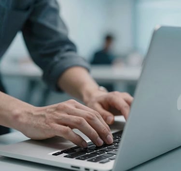 A close-up of collaborative hands working on a modern laptop in a sleek coworking space, international workplace, professional and modern style, light blue and very light blue color scheme.