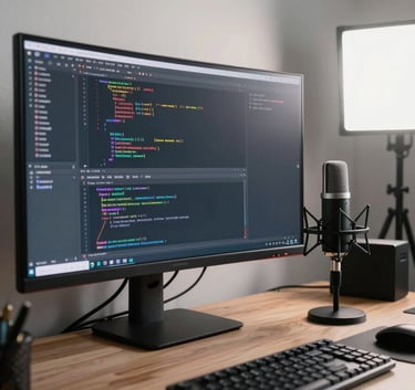 A professional creator workspace featuring a wide curved monitor displaying code, a high-end microphone, and clean mist lighting.