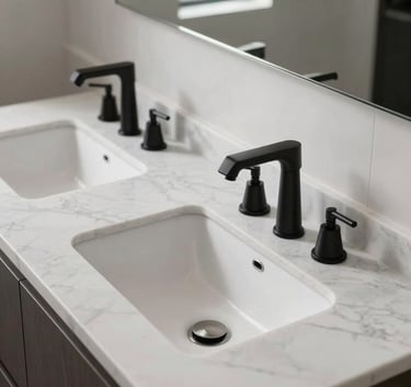 A high-end bathroom vanity with a sleek white marble top, double porcelain sinks, and modern matte black faucets in a sun-drenched Los Angeles home.