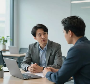 A supportive one-on-one professional meeting in a bright North American / US office environment, with pale blue and grey decor creating a calm and focused atmosphere.