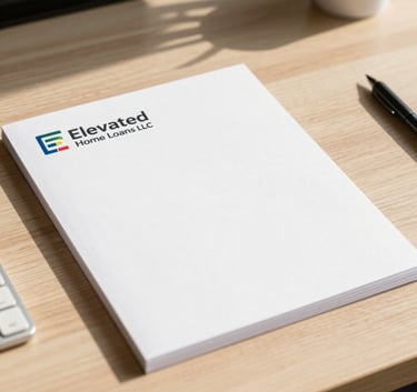 Close-up of professional business stationery featuring the name Elevated Home Loans LLC on a clean, light wood desk in a North American / US office with natural sunlight.