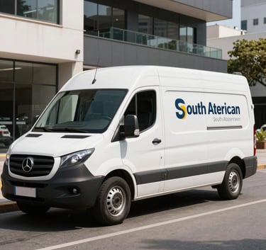 A clean, white delivery van branded with professional lettering parked in a modern South American commercial district, bright daylight, sharp focus on vehicle efficiency.