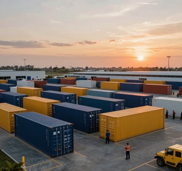 A wide-angle photography shot of a modern logistics distribution center in South America with organized shipping containers and professional staff, dramatic sunset lighting, featuring navy and ochre accents.
