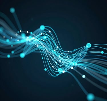 A sleek, 3D abstract render of interconnected digital nodes and glowing fiber optic lines representing data flow, in a high-tech style featuring colors #1F4287 and #4A6FA5 against a dark #0A1128 background.