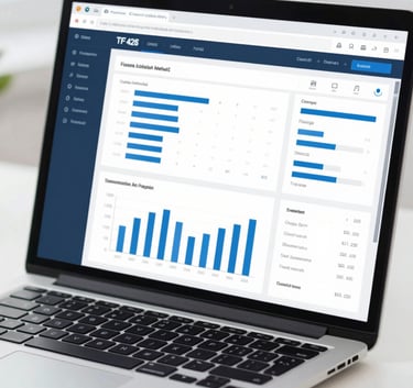 A close-up of a modern software dashboard interface on a laptop screen, showing clean data visualizations and graphs in professional blue tones (#1F4287, #4A6FA5) on a bright office desk.