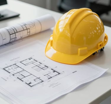 A close-up of professional architectural blueprints and a yellow safety helmet resting on a clean white desk in a modern Mexican engineering office, soft daylight, sharp focus, professional atmosphere.