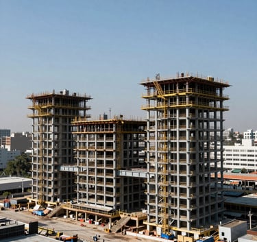 A wide-angle shot of a large urban construction site in a North American / Mexican metropolitan area, featuring modern steel structures rising against a clear blue sky, professional lighting, industrial scale.
