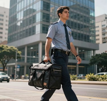 A logistical professional in a neat uniform carrying a secure courier bag, walking through a modern urban business district in a South American / Brazilian city. The lighting is crisp morning light, with steel blue and grey tones in the architecture behind them.