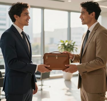 A professional exchange of a high-quality document pouch between two corporate professionals in a modern Brazilian business lobby. Warm sunlight filters through large windows, highlighting professional attire and a confident, efficient atmosphere. Colors include dark blue and tan accents.