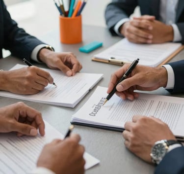 A close-up photograph of a professional meeting in a bright Brazilian office. Hands of South American professionals are seen reviewing documents on a gray textured table. Touches of orange and cyan blue appear in the stationery and decor. Clean and organized composition.