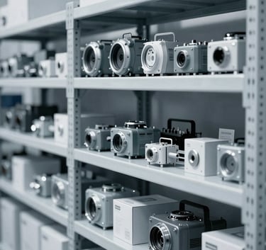 An organized warehouse shelf featuring high-tech aviation components and boxed spare parts. The composition is clean and minimalistic, showcasing technological reliability. Tones of #8BAAC7 and #F2F4F7 dominate the scene.