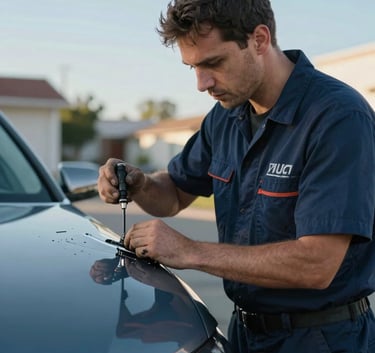 A professional auto glass technician in a deep navy blue uniform working on a car in a North American / US suburban setting. The scene conveys trust and efficiency, with soft sky blue and steel blue highlights in the environment under a clear sky.