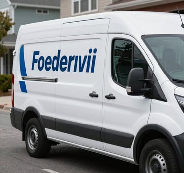 A clean, white mobile service van with professional branding in steel blue and deep navy blue, parked on a street in a North American / US neighborhood. The composition is professional and emphasizes the convenience of on-site service.