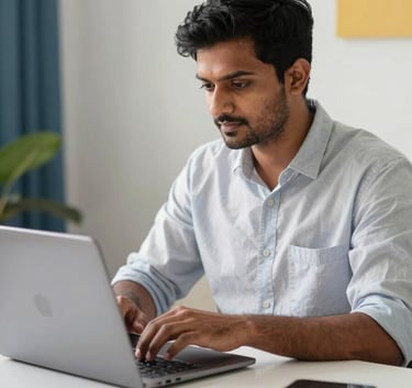 A South Asian freelancer working from a modern, clean home office. A high-quality laptop is open on a white desk, with soft natural light and blue and yellow decorative accents in the background.