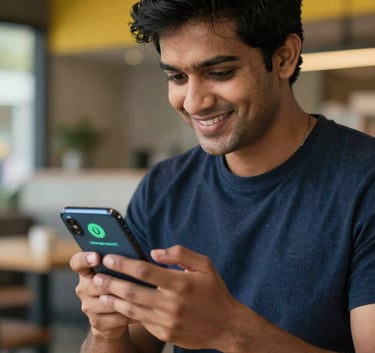 A smiling South Asian young adult looking at a smartphone screen, showcasing a successful UPI payment notification, in a modern urban indoor setting with navy and yellow color elements.