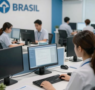 Modern tele-consulting center in Brazil, featuring organized workstations, cerulean blue details, and a clean workspace, captured with soft focus.