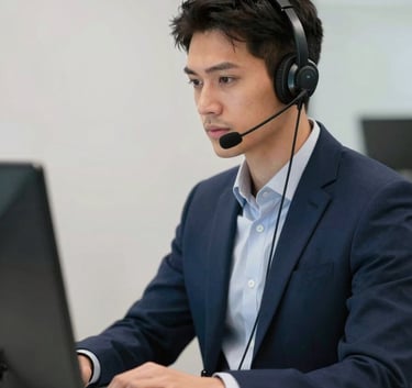 A focused professional with a high-quality headset working in a clean, modern Brazilian corporate environment, navy blue and soft white tones, professional photography.