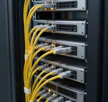 Close-up photography of organized high-speed server racks and glowing fiber optic cables in a clean, professional data center in the Middle Eastern / Gulf region. Natural lighting highlights crisp parchment surfaces.