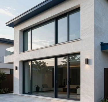 A sleek residential house featuring clean lines, large glass windows, and a sophisticated aesthetic. The exterior uses a palette of steel blue and soft cloud white stone.