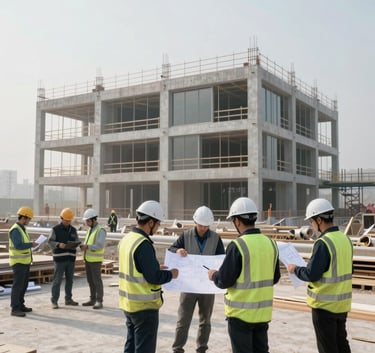 A wide-angle shot of a bright, modern architectural project in progress. Professionals in deep navy and soft cloud safety vests are discussing blueprints on a clean site. High-end equipment and steel structures under a pale mist sky.