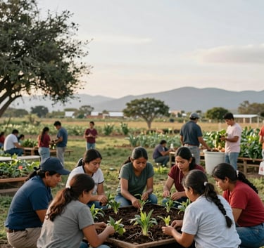An inspiring wide shot of an outdoor classroom at a farm in San Vicente, Nayarit, where a group of people are learning about organic compost, North American / Mexican agricultural context, soft natural lighting.