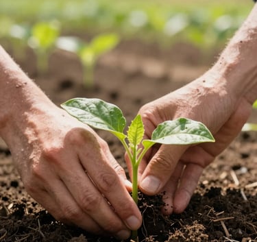 A close-up photograph of hands planting a vibrant green seedling into rich, dark soil on a sunny morning in a North American / Mexican farm setting, highlighting sustainable agricultural practices.