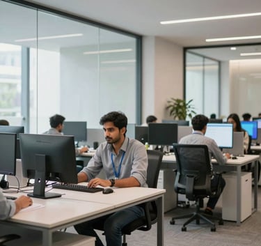 A wide-angle photography shot of a professional South Asian software engineer working in a modern, brightly lit office in Lahore, featuring clean glass partitions and subtle purple lighting accents.