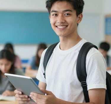 A portrait of a smiling young adult student in a modern North American / US / Florida school environment, holding a digital tablet and looking confident. Professional ocean blue and soft icy white tones dominate the background.