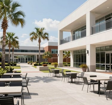 A wide, bright shot of a clean, modern North American / US / Florida campus courtyard with professional seating areas and palm trees in the distance. The lighting is crisp and welcoming.