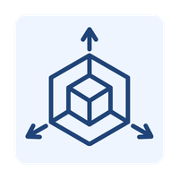 Blue 3D modeling icon showing a cube within a hexagonal frame with directional axis arrows.