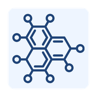 Blue chemical molecule icon showing interconnected hexagonal structures for science and research.