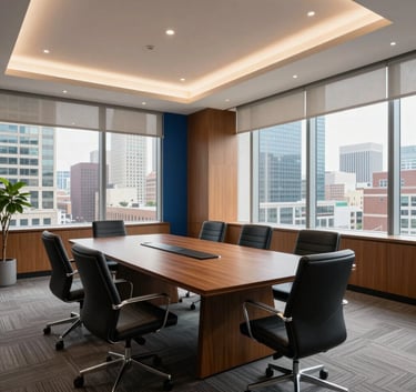 A wide-angle interior shot of a bright, modern corporate boardroom in a North American city. Large windows show a cityscape. The decor features warm tan and deep blue accents with professional, soft natural lighting.