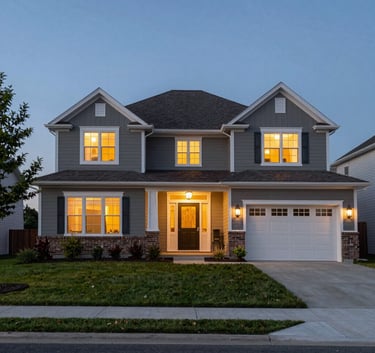 A beautiful North American suburban home at dusk with warm lights glowing from the windows and a manicured front lawn. Clean architectural lines in a professional real estate photography style.