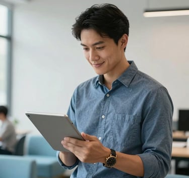 A professional in a modern North American / US co-working space looking at a tablet with a focused and satisfied expression. The environment is airy and professional, featuring ice white walls and sky blue furniture.