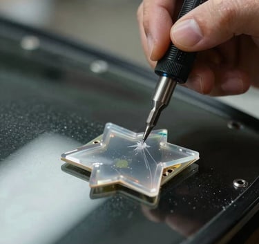 Close-up photography of a technician applying high-quality clear resin to a star-shaped chip on a windshield. Precision tools and professional focus, North American / US context.