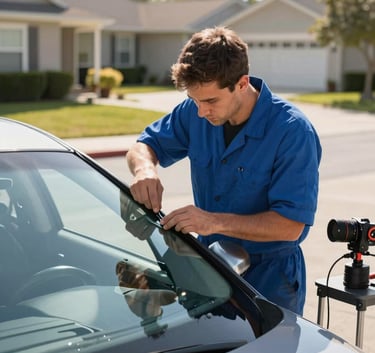 A professional glass repair technician in a steel blue uniform working on a car windshield in a North American suburban driveway. Bright morning sunlight, professional mobile equipment visible.