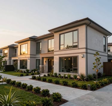 A wide-angle exterior shot of a contemporary residential complex in North America during the golden hour. The architecture features clean lines, large windows, and manicured green landscaping. The lighting is warm and welcoming, reflecting a high standard of living and professional management.