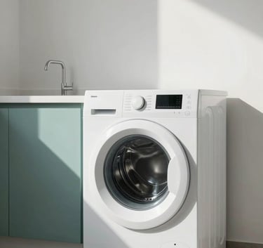 A sleek, modern laundry room in a Middle Eastern / Gulf apartment with a high-end front-load washing machine. The room is decorated in pale arctic white with accents of muted teal. Bright, natural morning light creates a clean, professional feel.