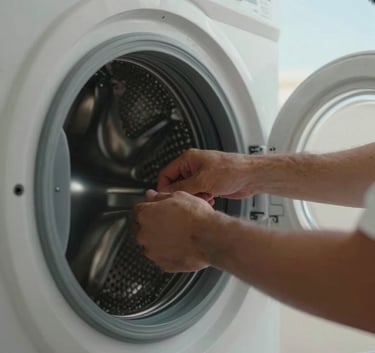 A close-up photograph of a professional technician's hands in a Middle Eastern / Gulf home, carefully adjusting the drum of a washing machine. Soft sky blue lighting and a clean, high-quality aesthetic.