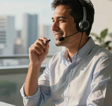 A professional South American consultant wearing a modern headset, speaking with a smile in a sleek office with soft morning light and a view of a Brazilian city skyline.