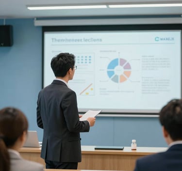 A professional lecture hall where an instructor in a dark charcoal suit is presenting pharmaceutical research on a screen. The room is modern with sky blue and soft pearl tones.
