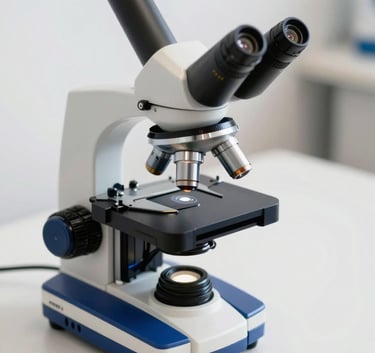 Photography of a modern and sleek microscope on a clean soft pearl desk. Professional setting with royal blue accents and sharp focus on the lens, symbolizing scientific expertise.