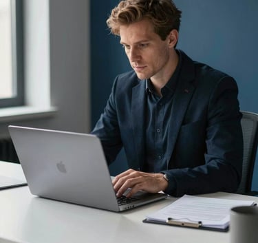 A focused Western European / Dutch professional working at a clean minimalist desk with a high-end laptop, soft morning light, deep dark blue and white tones in the modern office environment.