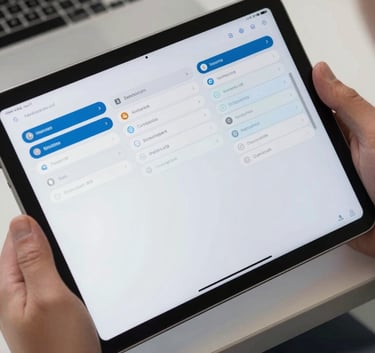 A close-up of a professional tablet screen showing a clean organization app interface, held by a person in a Western European / Dutch modern office, steel blue and white color palette.