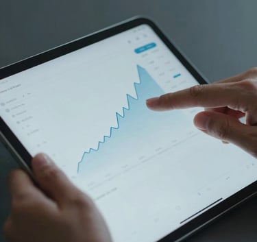 A close-up of professional hands working on a sleek digital tablet displaying a clean financial interface with soft lighting. The scene is dominated by Light Mist Blue and Slate Blue tones, reflecting technology and strategic growth.
