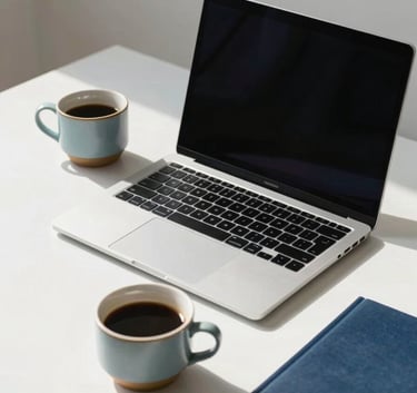 A minimalist and modern desk workspace featuring a high-end laptop, a ceramic cup of coffee, and soft morning sunlight. The color palette includes accents of Soft Grayish Blue and Deep Navy Blue in the accessories, conveying efficiency and focus.