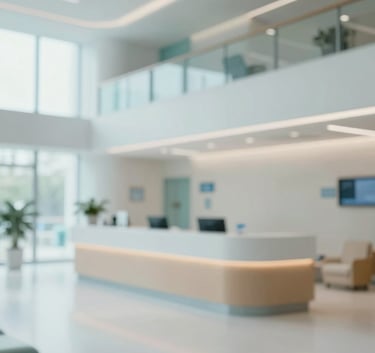 A clean, modern hospital reception area with natural light, featuring high-end medical architecture and a professional environment. Soft color palette incorporating #89B1C5 and #F4F8FA tones. Cinematic lighting, wide angle.