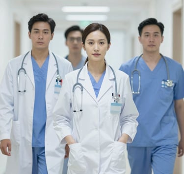 A professional medical team of three doctors walking down a bright hospital corridor, looking focused and compassionate. Style is clean and high-definition, reflecting trust and efficiency, with accents of #3A6B8B in uniforms.