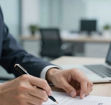 A professional setting showing a close-up of hands signing a financial document, with a soft blur of a modern office in the background, featuring #EAF2F4 and #7B9DAA lighting.