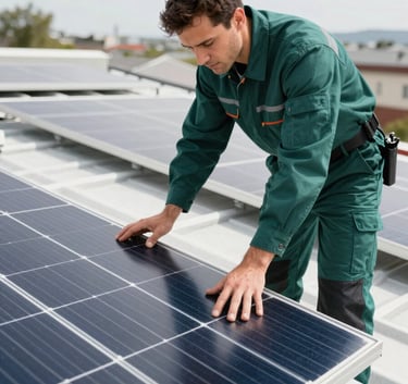 A professional installer wearing a dark forest teal uniform, carefully inspecting a solar panel on a bright roof, sharp focus, professional lighting.